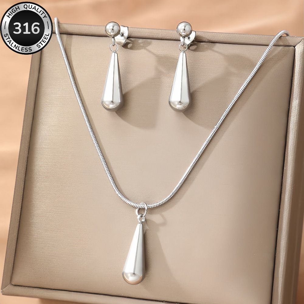 TEMU Conjunto de collar y aretes minimalistas de de acero inoxidable de calidad hipoalergénico, 2 piezas, combo de joyería para mujer. Fácil y