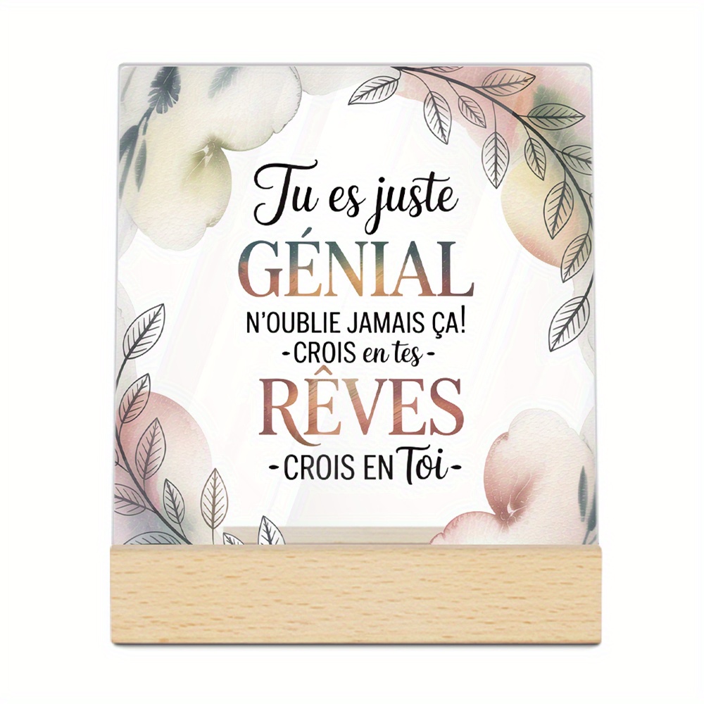 TEMU Décoration Plate 2D Putuo 1pc Panneau Acrylique Français avec Base en Bois pour Décoration de Table, , Ornement de Bureau pour Famille, pour