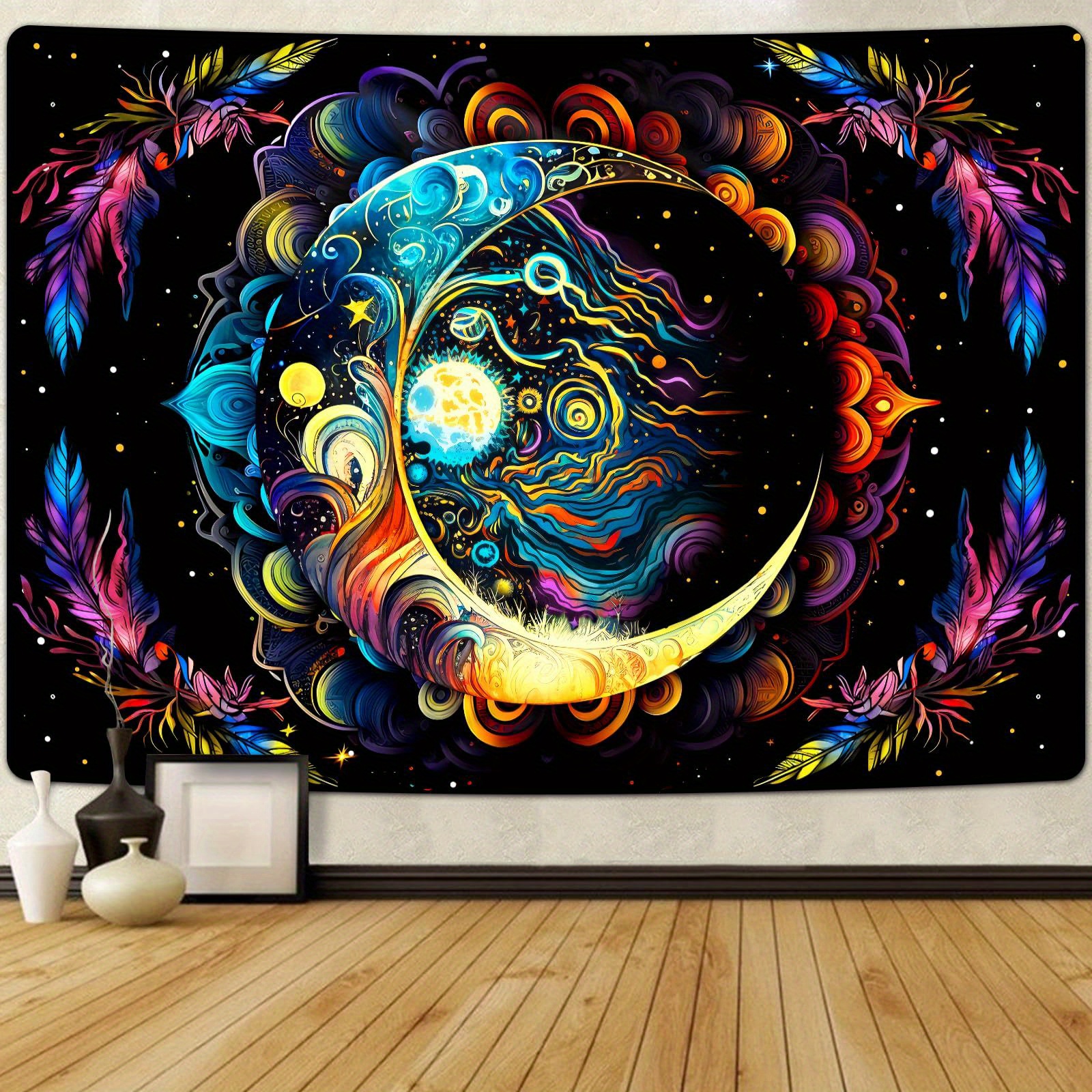 TEMU Uv Reactive Blacklight Tapestry- Moon Mandala - Mysterious Aesthetic Bohemian Wall Hanging- Polyester Fabric- No Electricity Required- Character