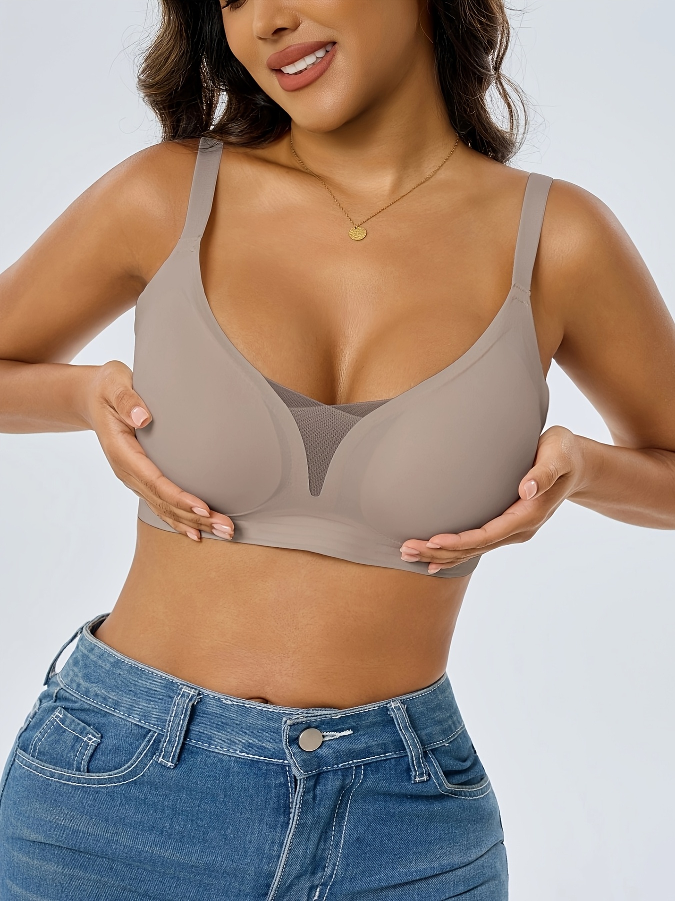 4pcs Women's Seamless Full Coverage V-Neck Bra Set, Comfortable