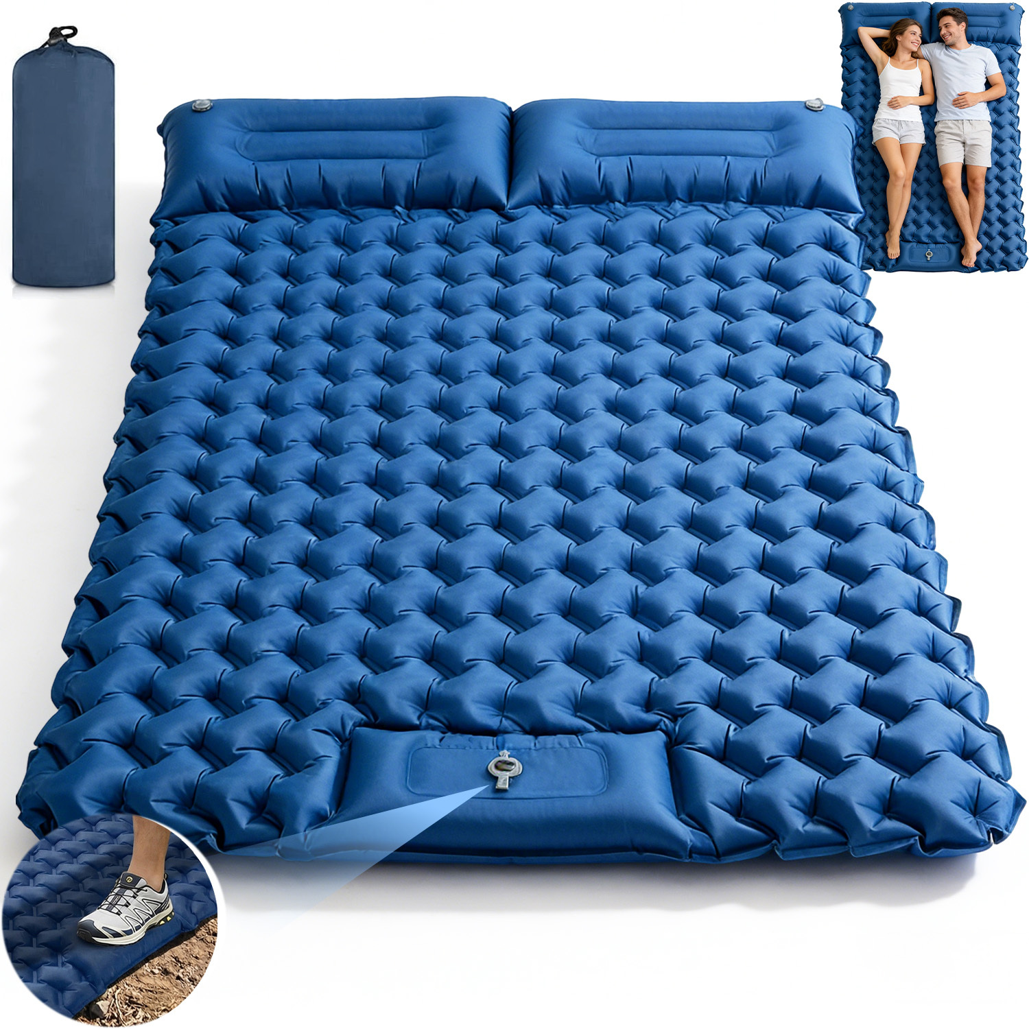 Inflatable Double Inflatable Sleeping Pad Featuring An Integrated Foot Pump, Pillows, And A Storage Bag, Perfect For Camping Trips