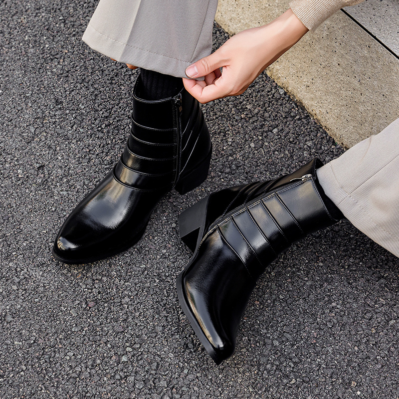 item picture mens cross pattern high heel business casual ankle boots fashionable and elegant dress boots wedding party and banquet dress shoes   shoes