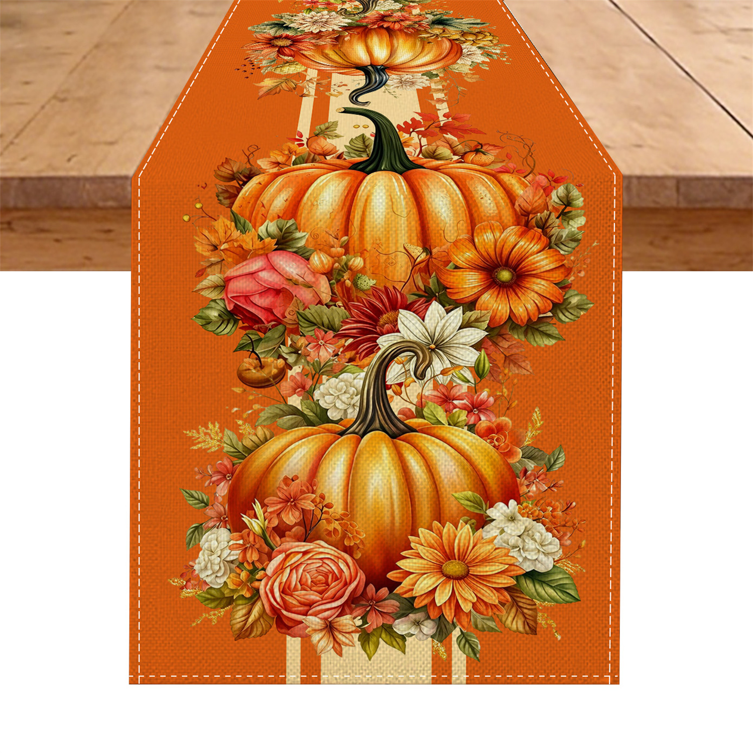 TEMU 1 pièce Grande chemin de table pour Thanksgiving - Décoration de récolte d'automne florale avec citrouille orange et bord roulé, chemin de table