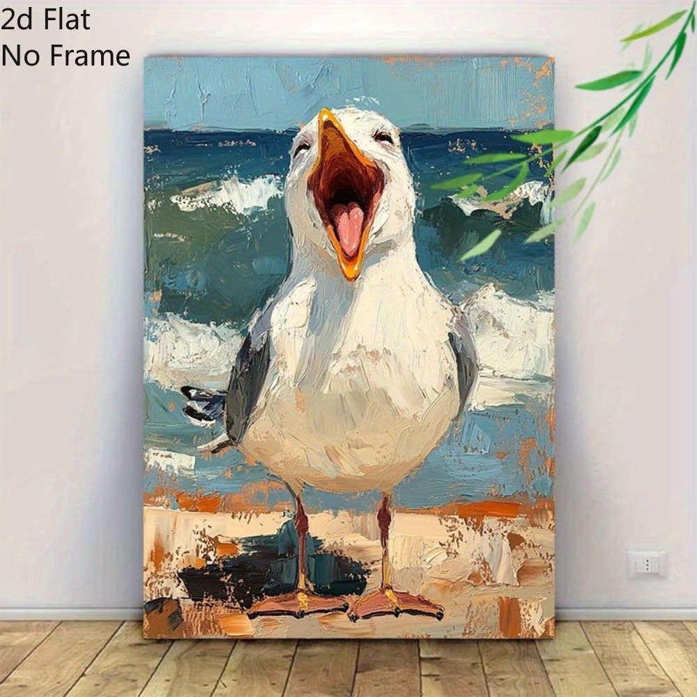 E-shop 2D Flach, 1 Stück 2D Flach Lustige Möwen Kunst Leinwand Gemälde, Klassischer Kunststil Küstenstrand Gemälde, Wohnkultur, Wandkunst,