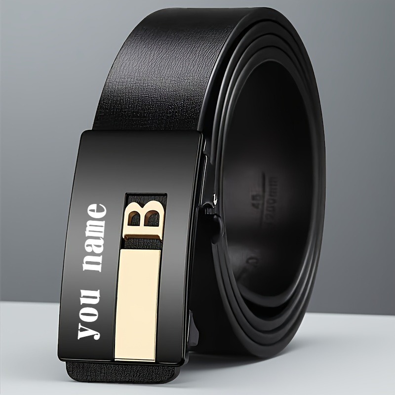 ized Name/Initials Engraved Men's Automatic Buckle Belt - Custom PU Leather Dress Belt with Golden-Tone Buckle, No-Hole Closure, Black Strap for Business, Wedding, Casual - Ideal Gift for Husband, Father's Day, Christmas (Add Your