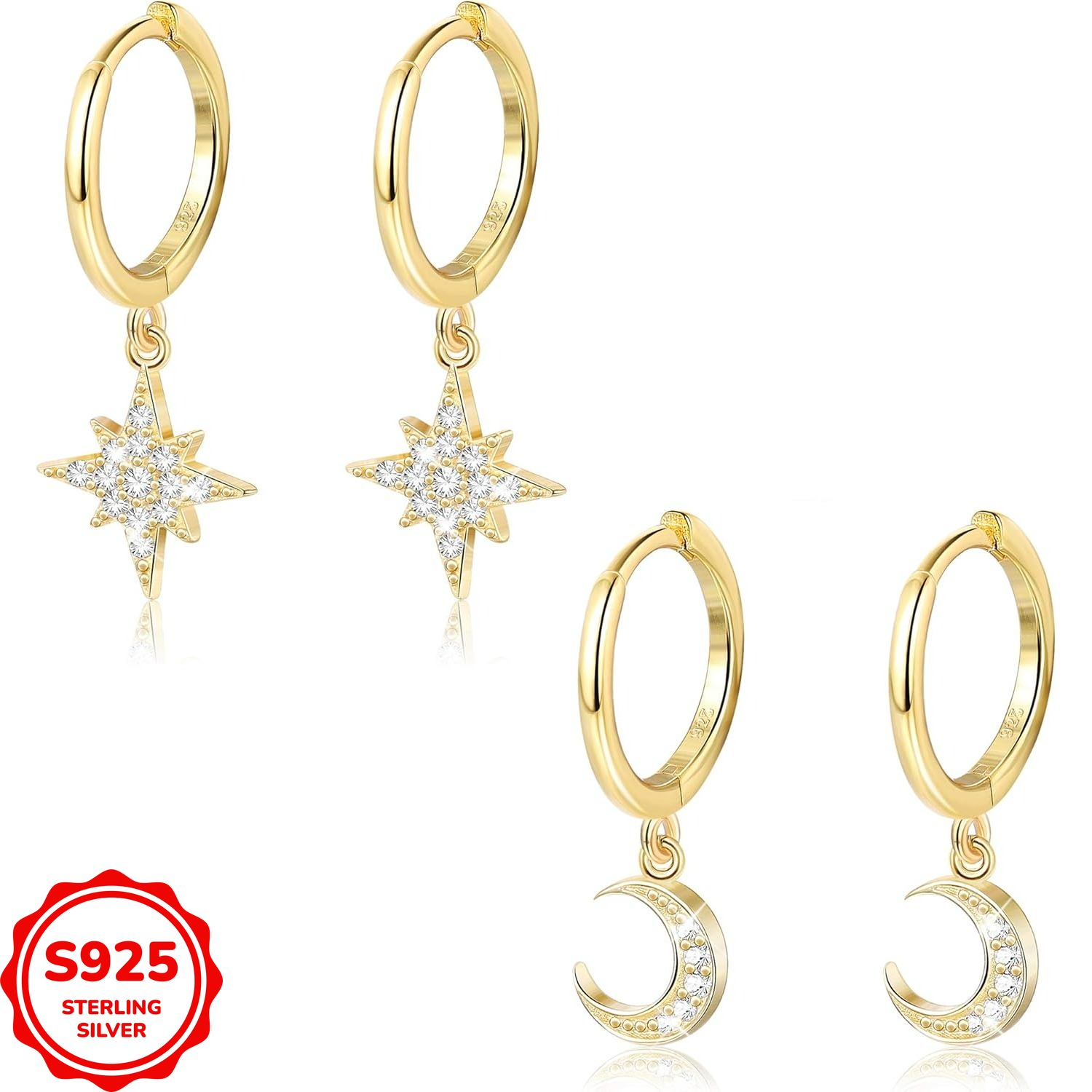 Of 925 Sterling Silver Hoop Earrings Designed For Women, Featuring Drop Dangle Styles With Moon And Star , Weighing 2. Or 0.1 Ounces