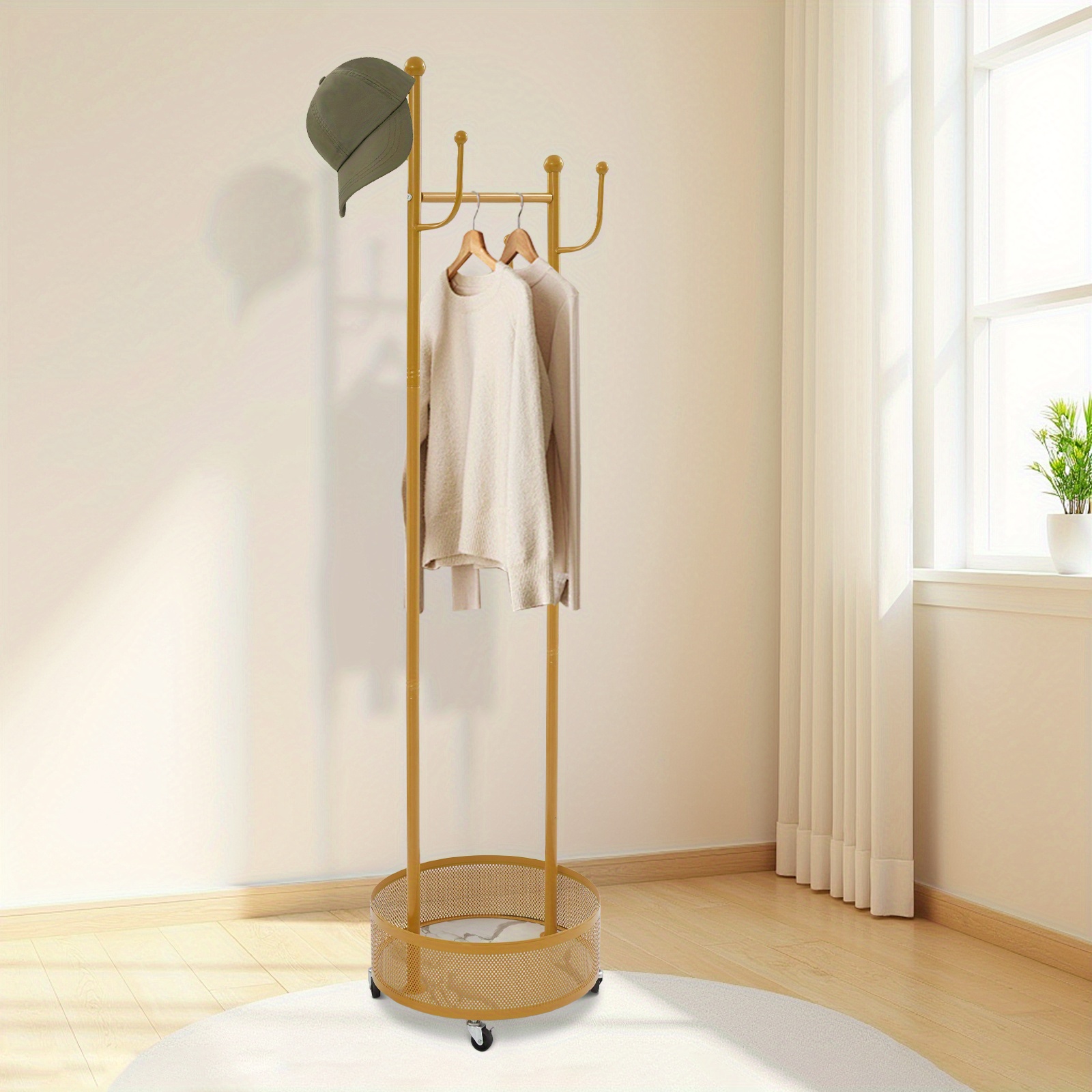 Oukaning Heavy Duty Rolling Garment Rack Free Standing Wire Shelving Clothes Rack With Hooks, Storage Closet Clothing Rack With Wheels Portable Closet Wardrobe Rack For Hanging Clothes