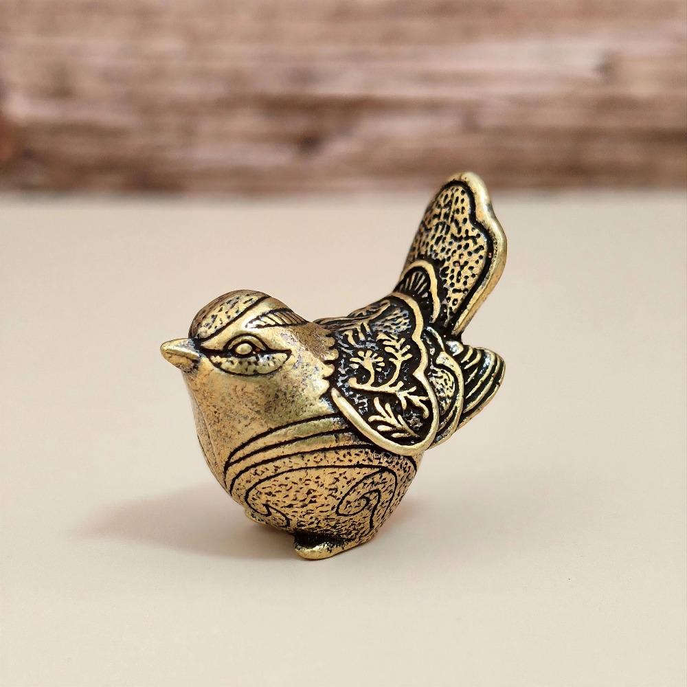 TEMU Vintage Solid Brass Small Bird Carving Pattern Sparrow Tea Pet Desktop Ornament Gift