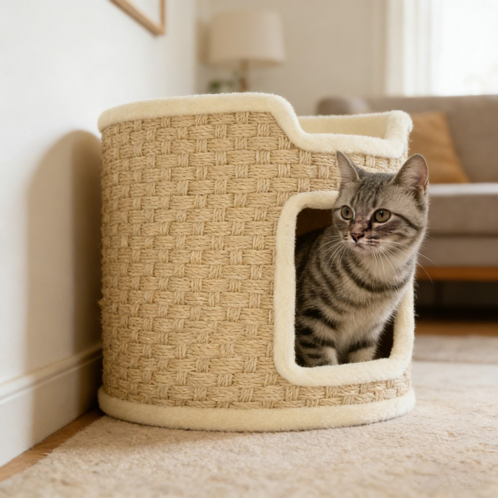 Cat Scratching 37cm Tall, 2-level Cat Cave With Door, Sisal Condo And Bed For Cats Up To 5kg, Khaki