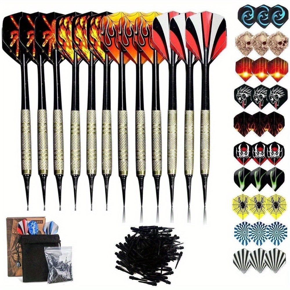 E-shop Ein Set aus 12 weichen Darts mit Kunststoffspitzen, entwickelt für elektronische Dartbretter, inklusive 30 zusätzlichen Flights in 10