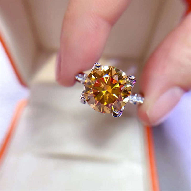 Image of New S925 Silvery 2/ 3/ 5 Carat Yellow Moissanite Ring Round Golden Color Moissanite European And American Small Waist Elegant Romantic Jewelry Valentine's Day Birthday Gift