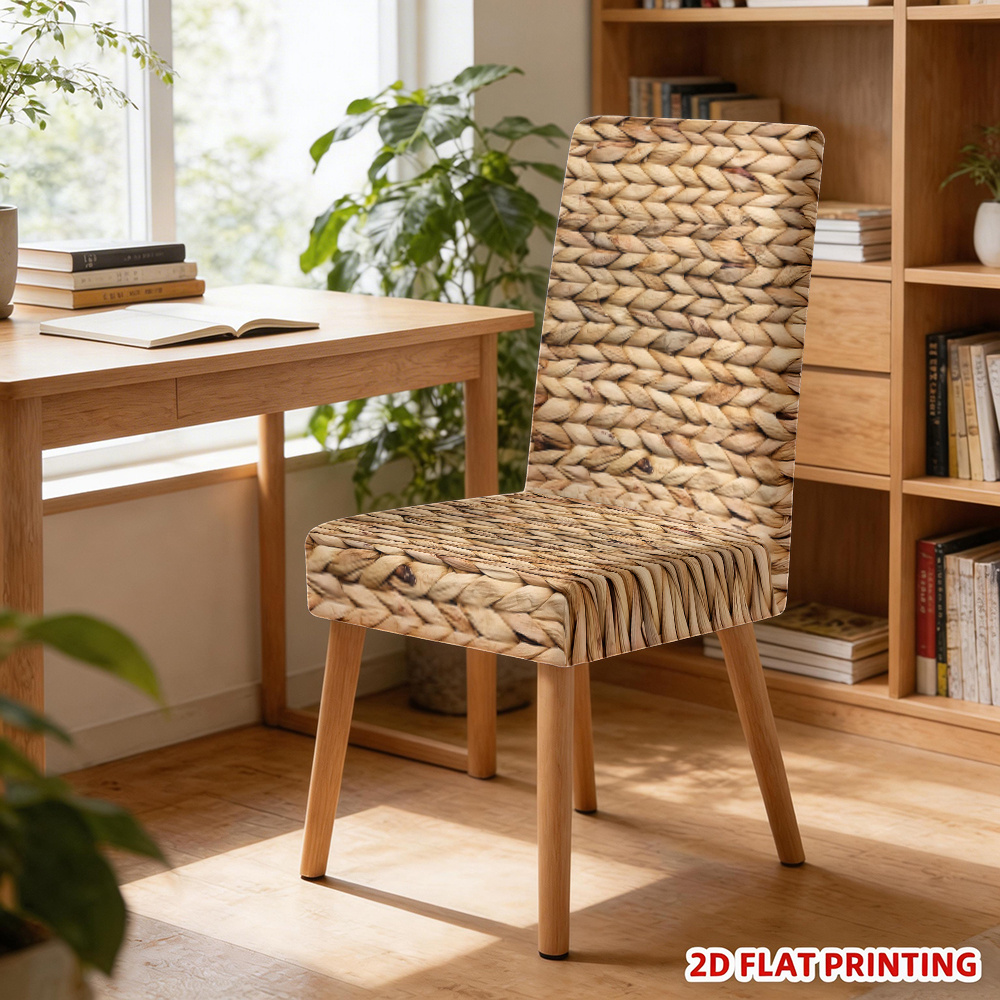 TEMU 2d Printed Chair Covers, Natural Woven Rattan Texture Pattern Chair Protectors, Removable Slipcovers For Dining Room Kitchen Hotel Home Decor
