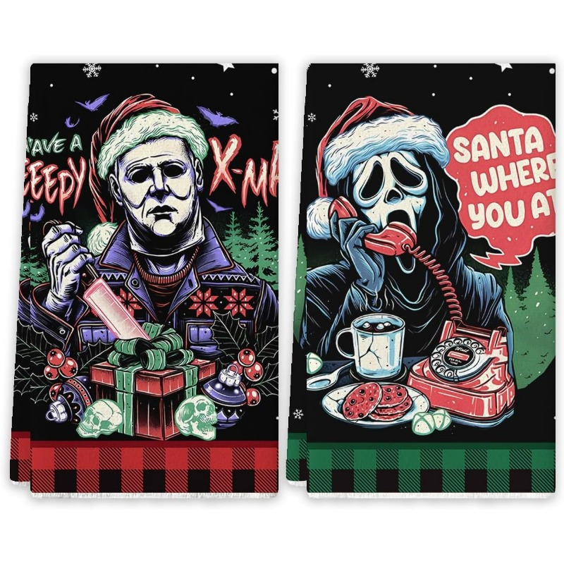 

2-pack Contemporary Fantasy Horror Movie Themed Kitchen Towels, 18x26 Inch, Super Polyester, Machine Washable, Featuring Classic Characters Sam & Reaper, Festive Home Party Decor