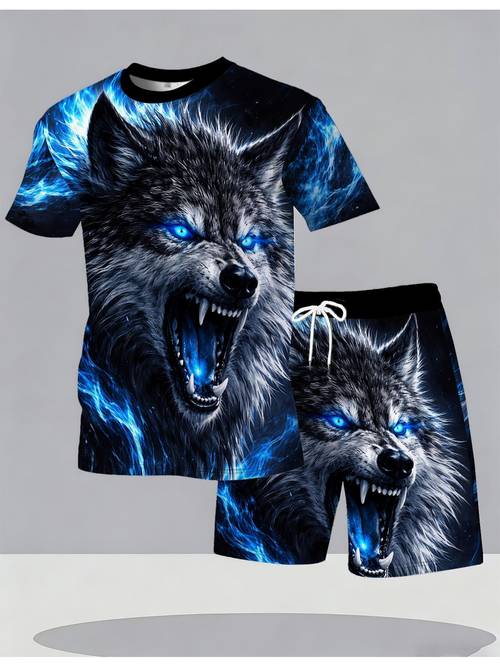 mens flame wolf print short sleeve t shirt and shorts 2pcs set domineering and casual sportswear loose fit versatile running set for men