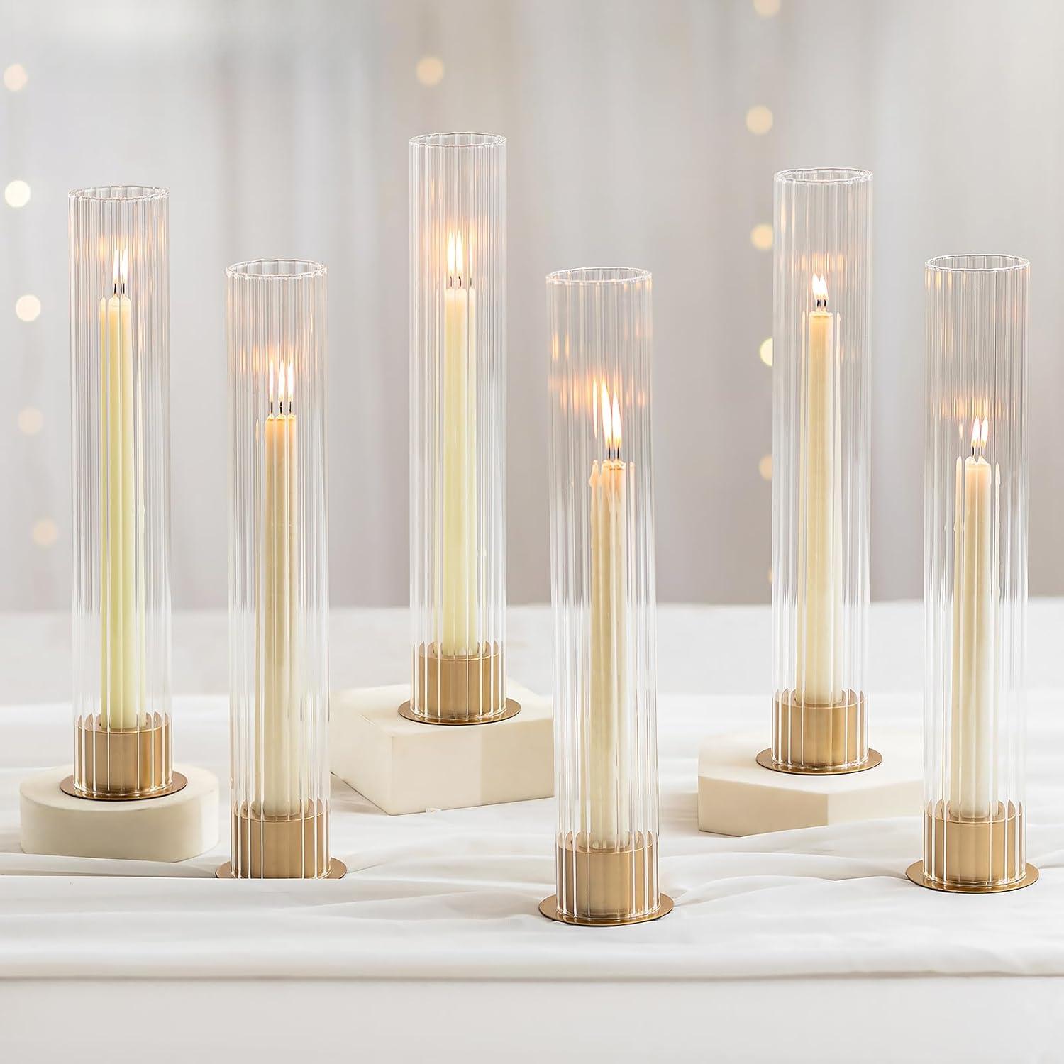 Image of 6pcs Candle Holders For Centerpiece Metal Taper Candle Holders With Ribbed Glass Cylinders Candlestick Holders Bulk For Party Dinner Wedding Table Decoration