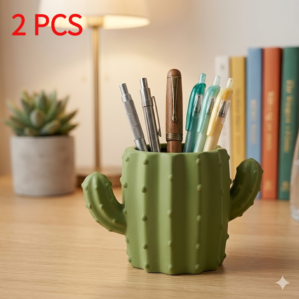 TEMU 2pcs 3d Cactus Pen Holder & Storage Box - Multi-functional Desk Suitable For, Office,, Cute Cactus-shaped Jar With Cactus Lid For Pens, Markers,