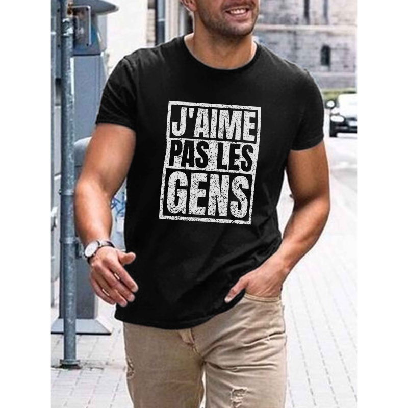 

Je n'aime pas les " T-shirt noir à manches courtes pour hommes - Col rond décontracté avec de lettres blanches audacieuses, Polyester léger, Idéal pour les activités extérieures d'été