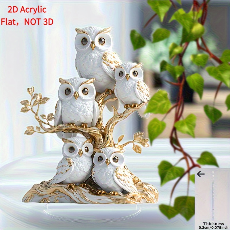 TEMU 2d Flat, 1pc 2d Printed Acrylic Owl Family Desktop Decoration - Bohemian With On A Branch, High-quality Acrylic Material For Home And Office