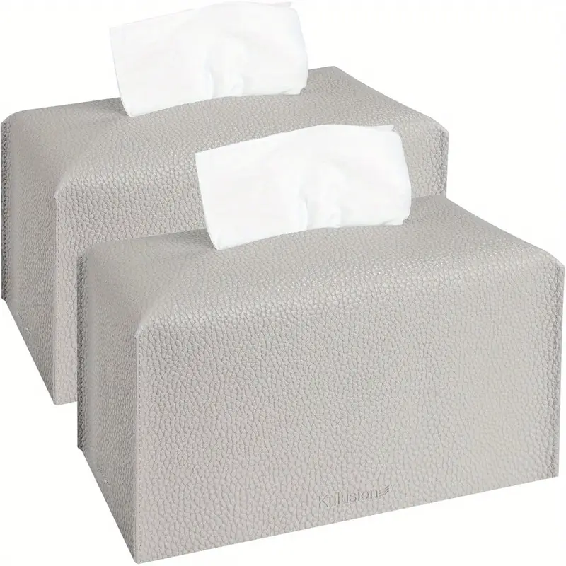 2pcs recycled wood tissue box cover holders with pu leather textured bottom belt decorative organizer for bathroom car office tabletop 9 inch light gray bathroom organizers and storage home organization modern decor sturdy holder home decor item Product details 1