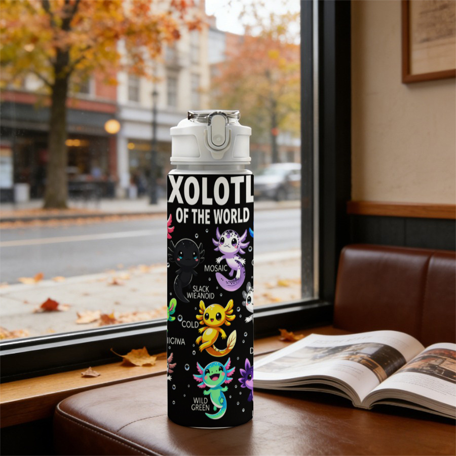 TEMU 1pc 25oz 750ml Cup 2d Printed Drinking Cup Water Bottle With Lid This Cute Illustration Shows Ten Various Axolotls In Bright Hues, With Labels