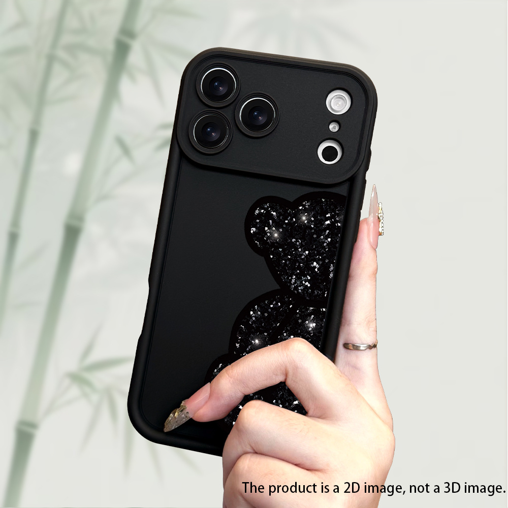 TEMU Phone Case: 2dflat New Durable Grooved Iphone Case With Black Glitter Sequin Cartoon Bear Print Pattern, Thickened Drop-proof, Anti-slip,