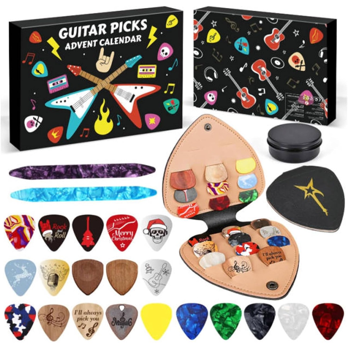 TEMU Guitar Advent Calendar 2026, 24-day Countdown With 22 Picks And Pick Holder & Case, Christmas For Guitar, , And Music Halloween
