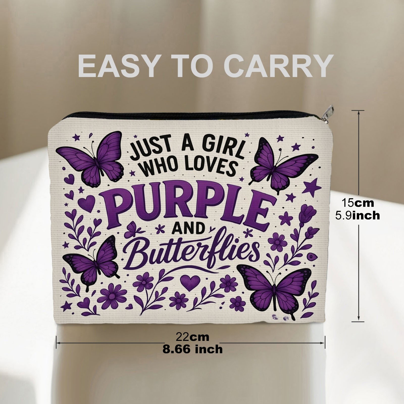 TEMU 1pc Double - Sided Makeup Bag, 8.66in*5.9in, Polyester Material, Purple & Butterflies Themed, Vibrant Whimsical Design, Perfect For Beauty