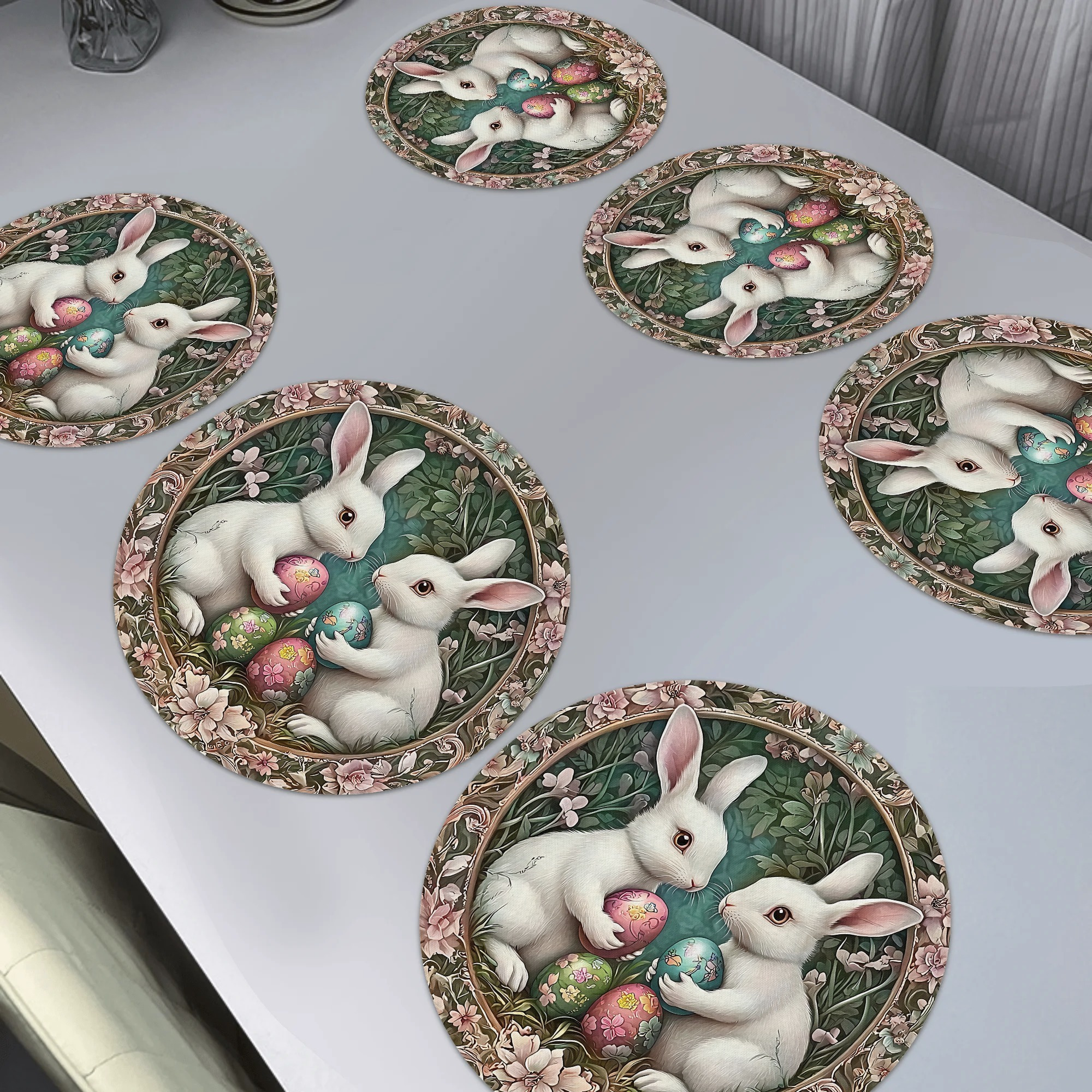 

6pcs Set Charm, Easter Bunny & Egg Placemats - Non-slip, Washable Polyester Table Mats For Home & Party Decor, 15x15in - Design