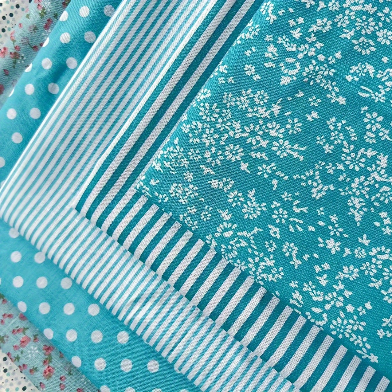 Image of 7pcs Teal Themed Square Scarves 20" X 20" - Pre-cut Quarter Bundles With Assorted Floral Patterns: Polka Dots, Stripes, Roses For Quilting, , Diy Crafts - Machine Washable Fabric