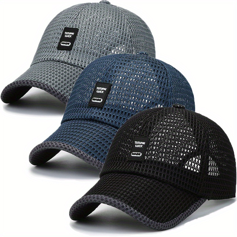 3pcs Unisex Quick-dry Mesh Baseball Caps - Breathable, Adjustable Summer Hats With Large Brims For Outdoor Activities, Black & Gray Textured Design
