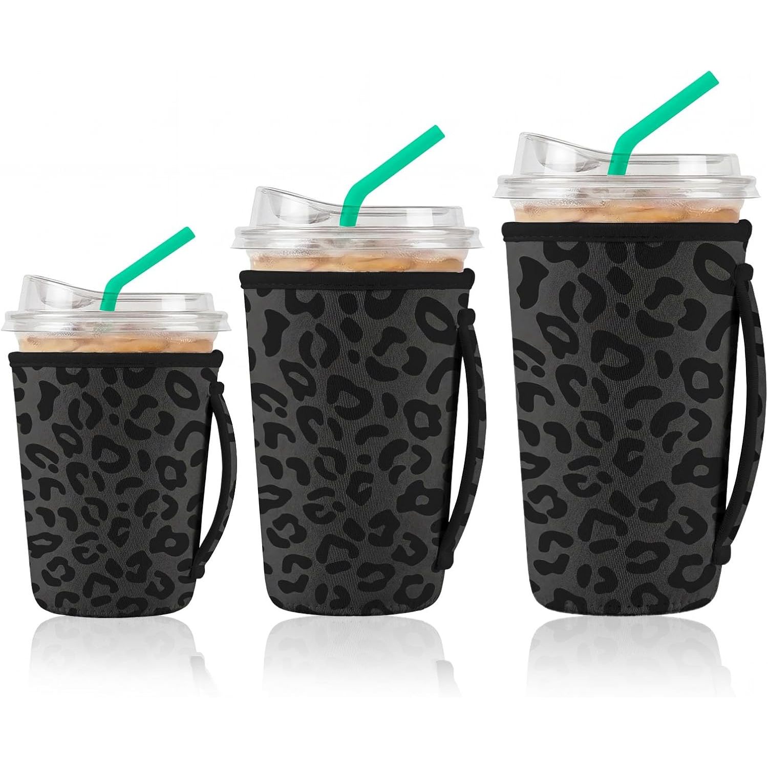 TEMU 3pcs Reusable Iced Coffee Sleeve With Handle, Neoprene Cup For Cold Drinks, Cup Holder Cover Fits 16oz- 32oz Samll Medium& Large Cups(leopard