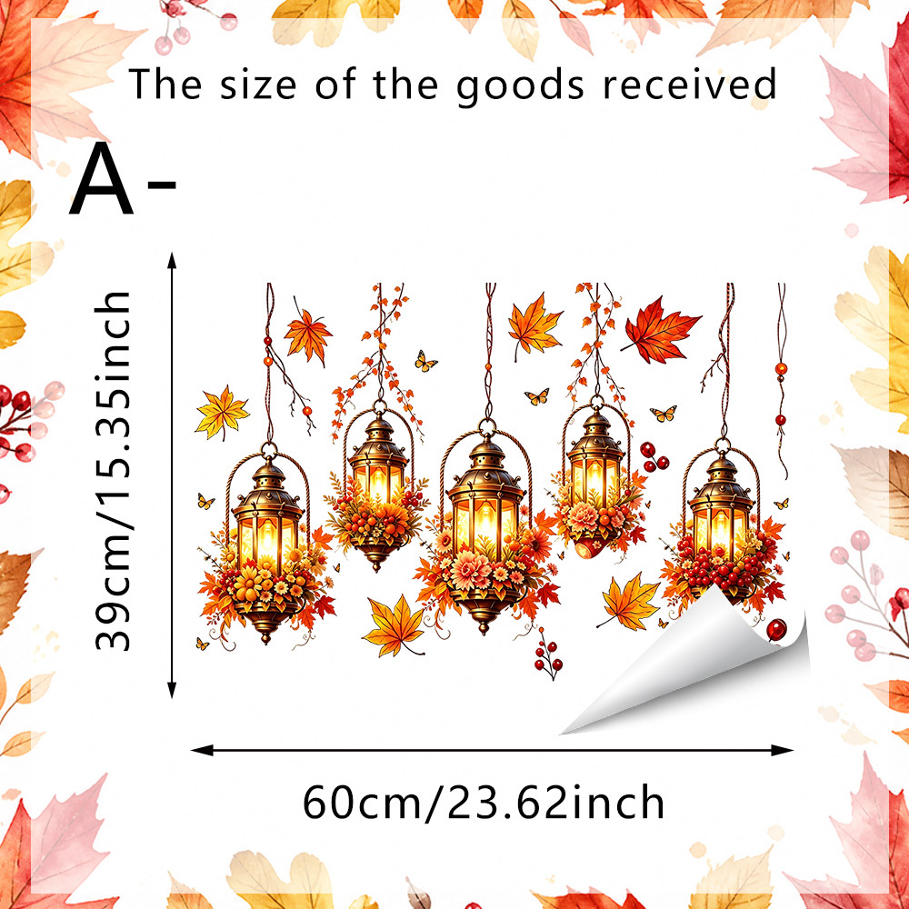 TEMU 1pc Autumn Hanging Vintage Lantern Static Window Cling, Static Adsorption Reusable, Continuous Lanterns, Scattered Butterflies Small Flowers
