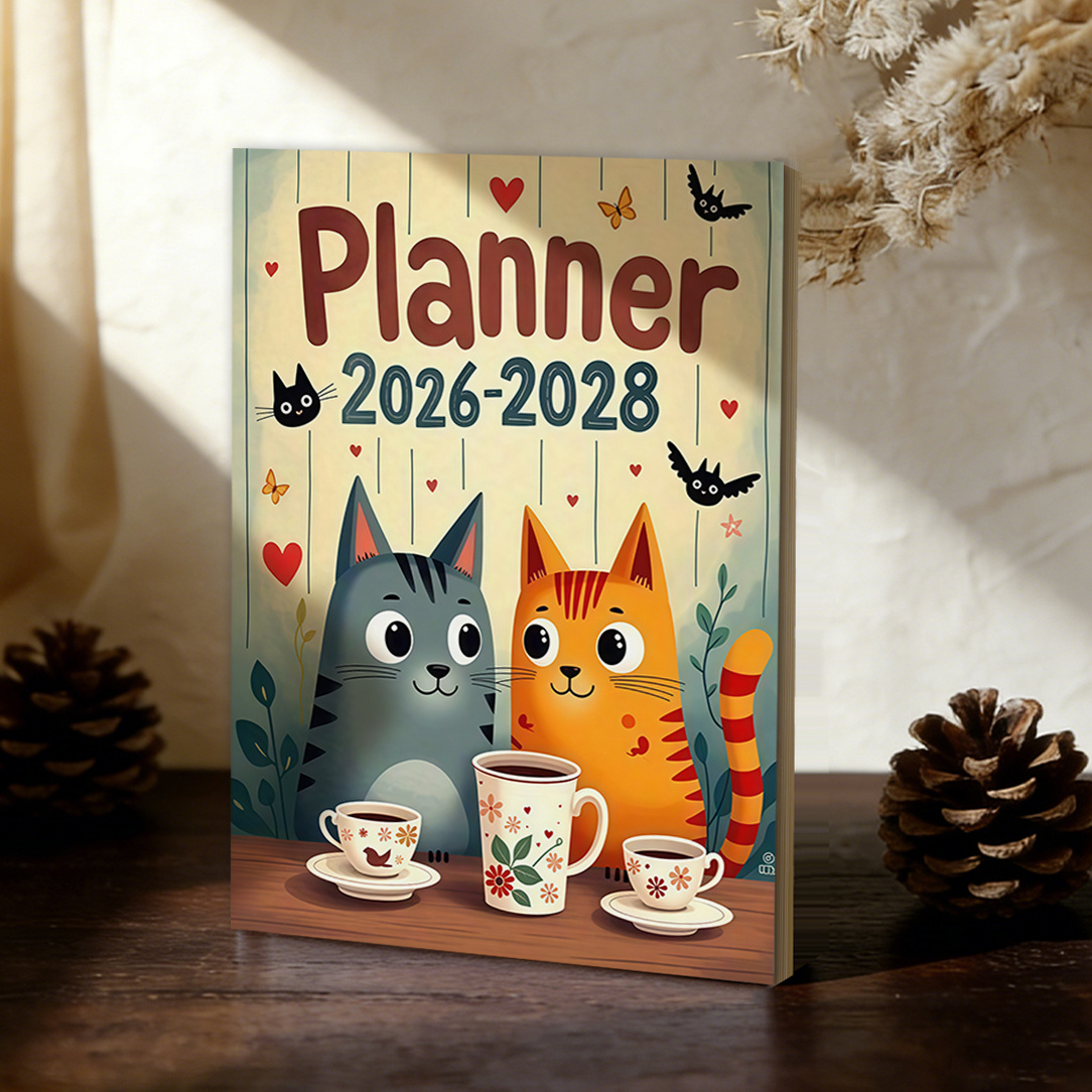 E-shop Ein herzliches 3-Jahres-Monatsplanungs-Notizbuch im Cartoon-Stil mit Katzen- und Kaffee-Motiv - Hellblaue Hintergrundfarbe, zwei Cartoon-Katzen,