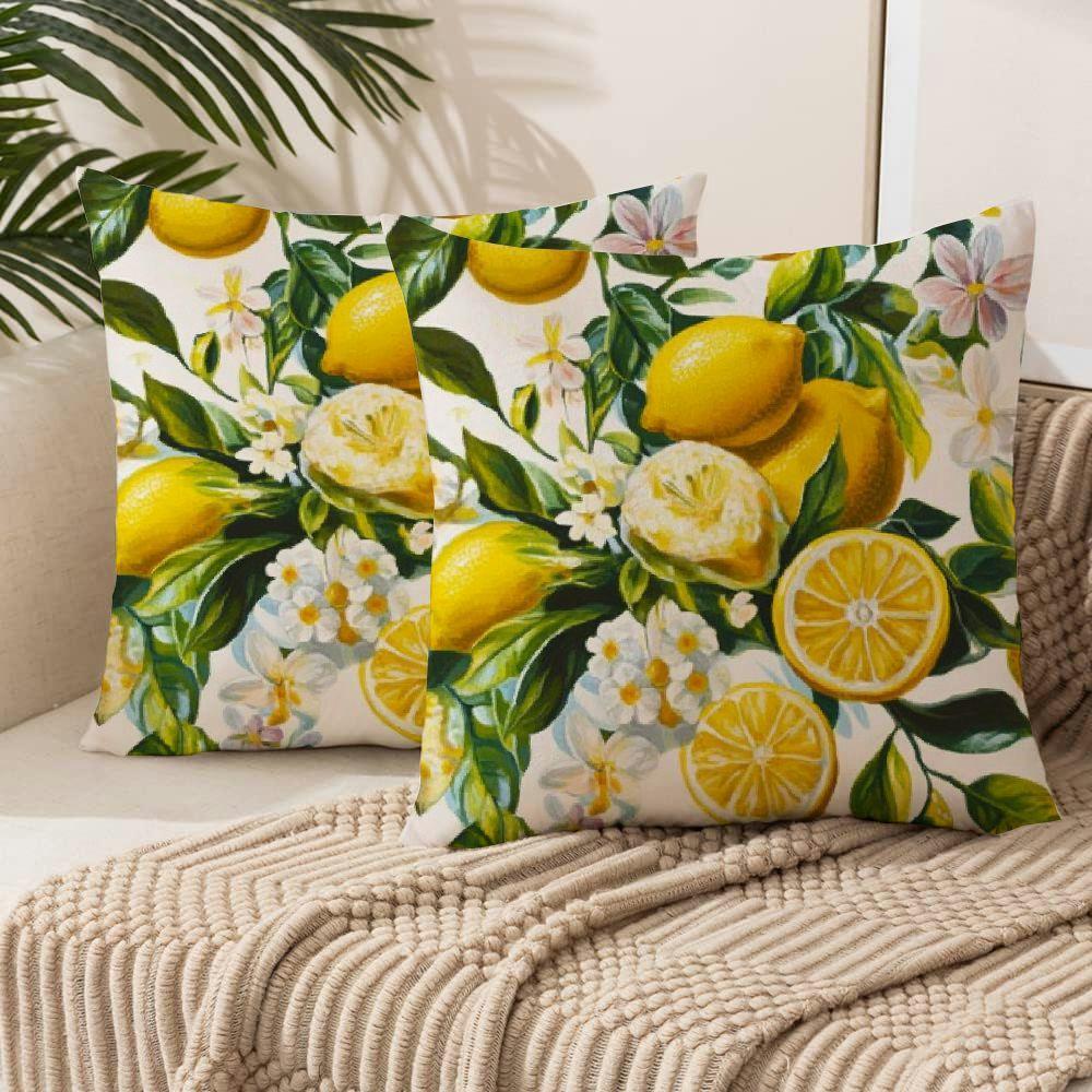 

2pcs Floral & Lemon Design Throw Pillow Covers - Soft Plush, Zip Closure, Machine Washable For Sofa And Outdoor Decor