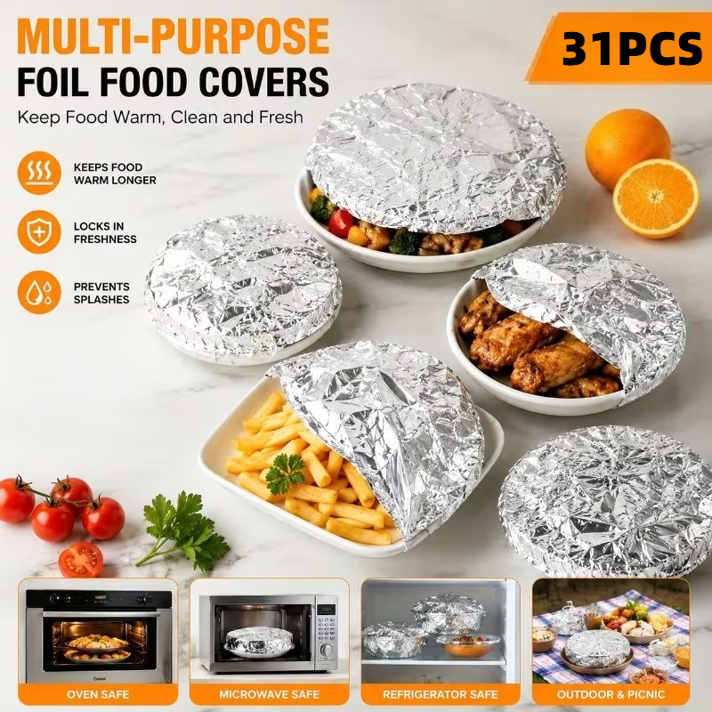 TEMU 31pcs, Reusable Extra Large Size, Stretchable To 38cm, Aluminum Foil Food Covers, Food-grade Material, Heat-resistant And Insulating Adjustable