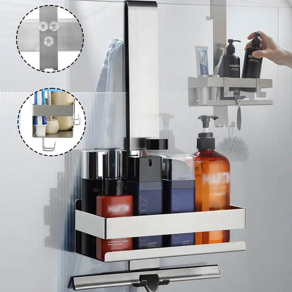Hanging Shower Caddy Hanging Over Door, No Drilling Shower Organiser Stainless Steel Shower Shelves With Hooks And Suction Cup, Bathroom Shower Rack Basket Tidy Storage