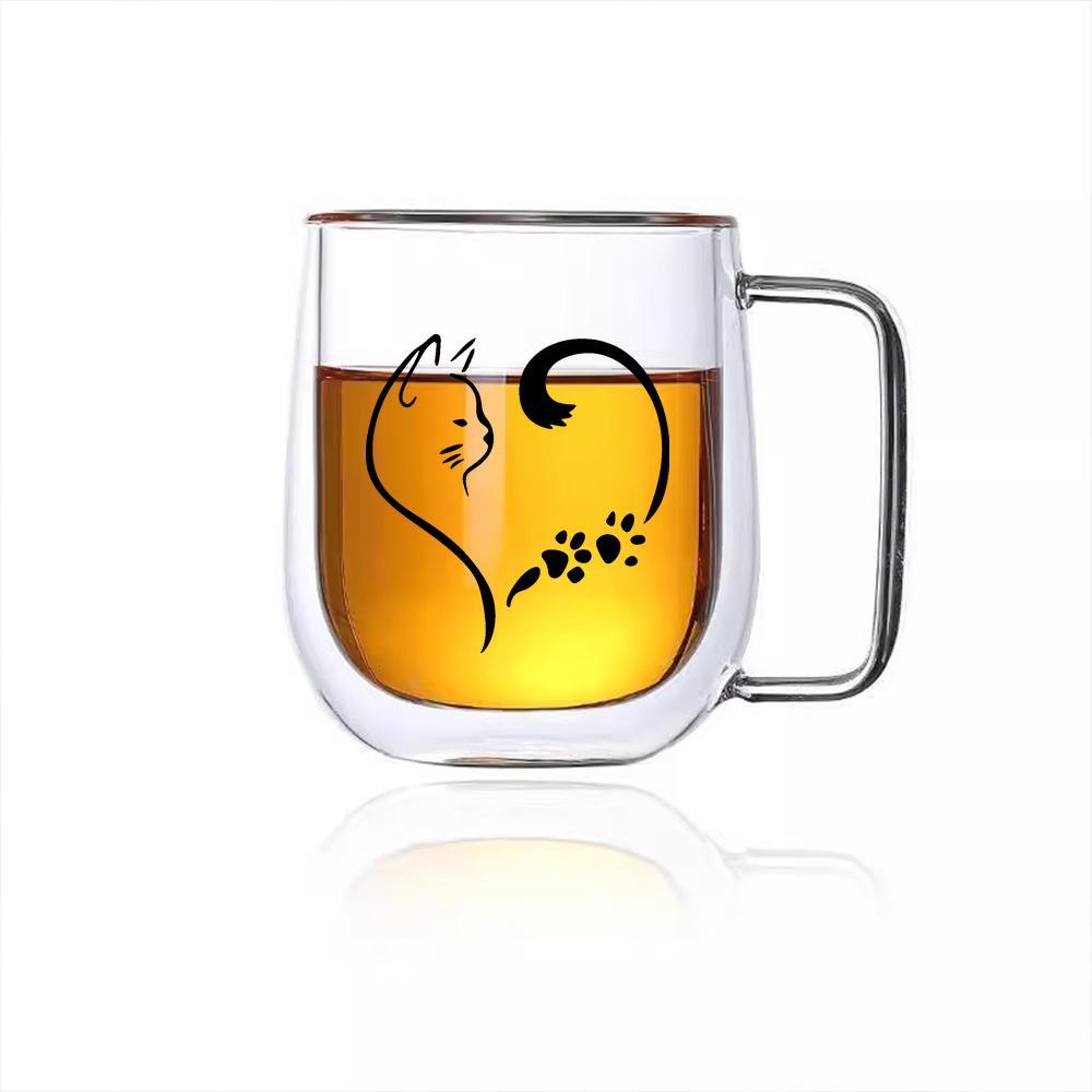 TEMU Cute Vintage Cat Print Glass Coffee Mug - Double Walled Insulated Glass For Your Beverage . Ideal For Coffee, . This Cute Cup Features Adorable