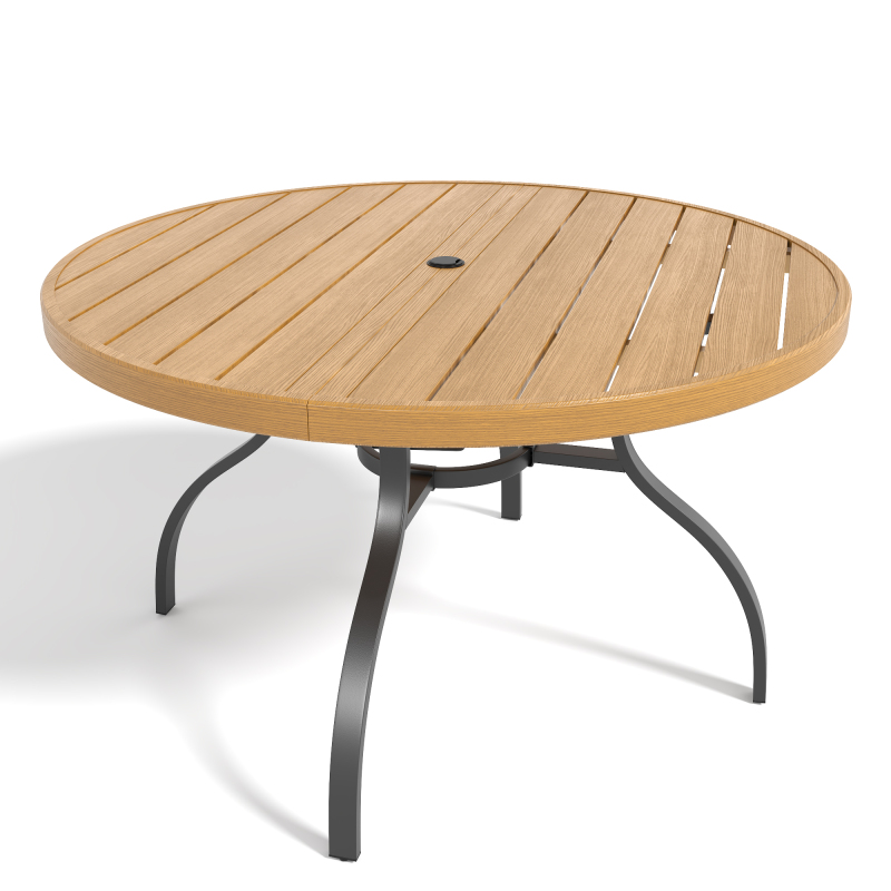 5pcs Outdoor Patio Dining Set, 47' Round Wood-Grain Slat Table W/ Umbrella Hole And 4 Stacking Metal Chairs 350 Lbs Capacity, Rustproof, Breathable Design, 30-Min Assembly, Patio, Garden, Balcony