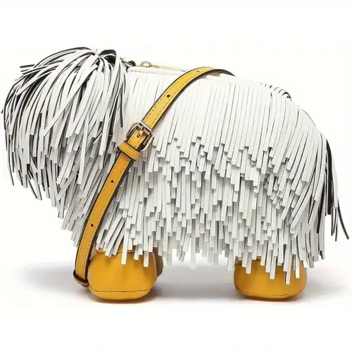 womens dog shaped crossbody bag white purse with black tassels hardware zipper closure adjustable strap compact novelty handbag for everyday use stylish accessory purse tassel accents crossbody purse