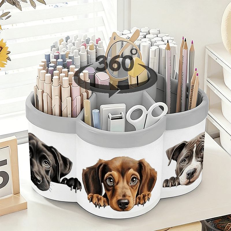 TEMU 2d Flat Printing 1pc Rotating Pen Holder And Cosmetic Storage Box | 3 Puppies Peeking Cute Picture Sticker - 360Â° Rotating Convenient Desktop