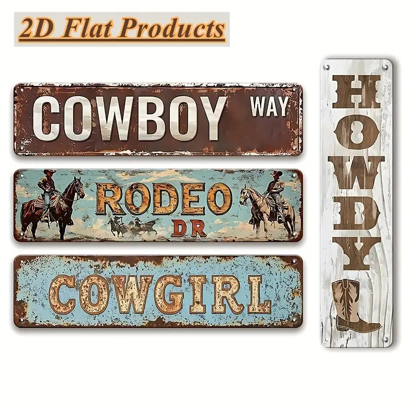 TEMU 2d Flat - 4pcs Set Retro Denim Cowboy Style 2d Flat Hanging Signs Patterns : Howdy, Cowboy Boots, , Cowgirl Distressed Style Suitable For Home,