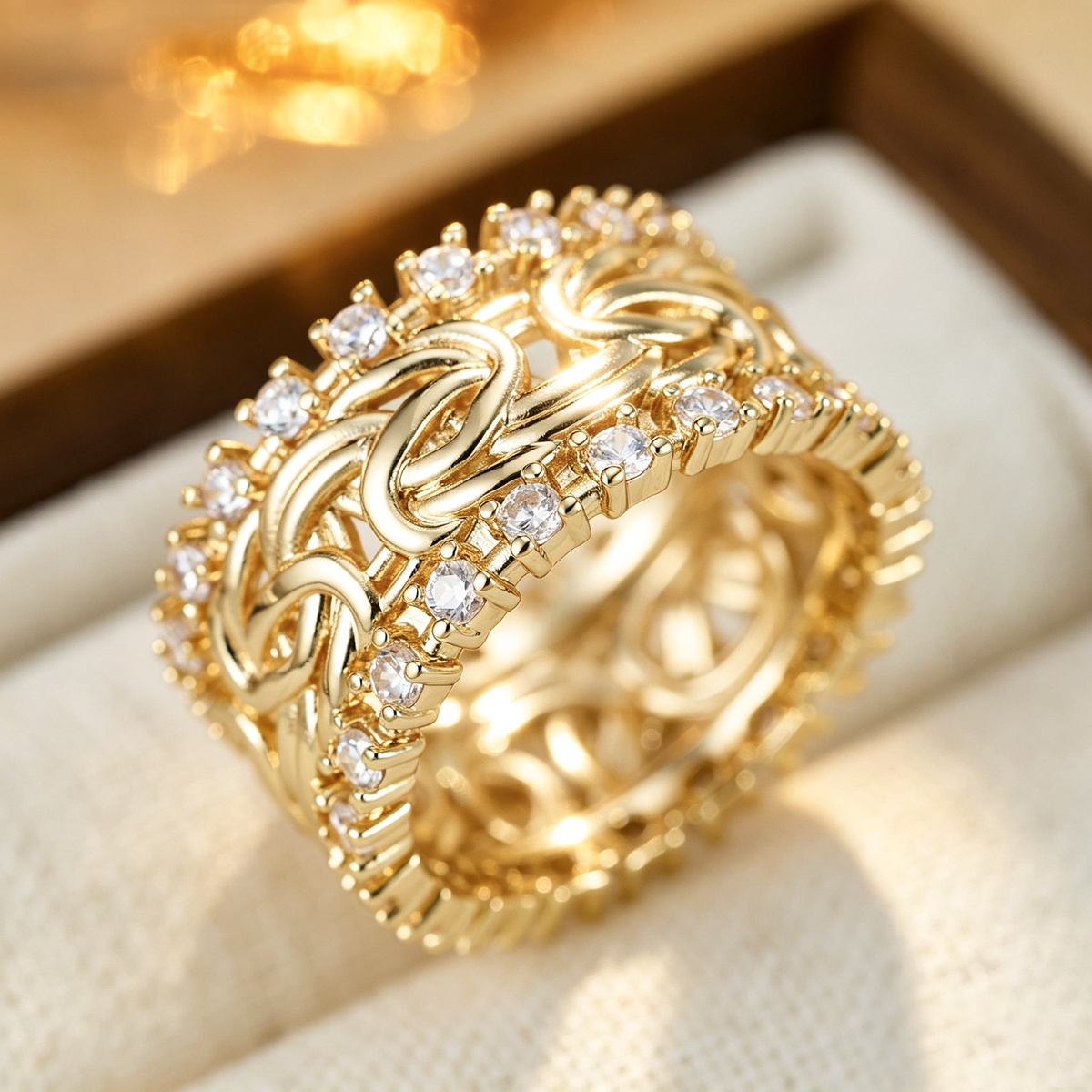 Women's Hollow Woven Knot Ring with Cubic Zirconia Inlay