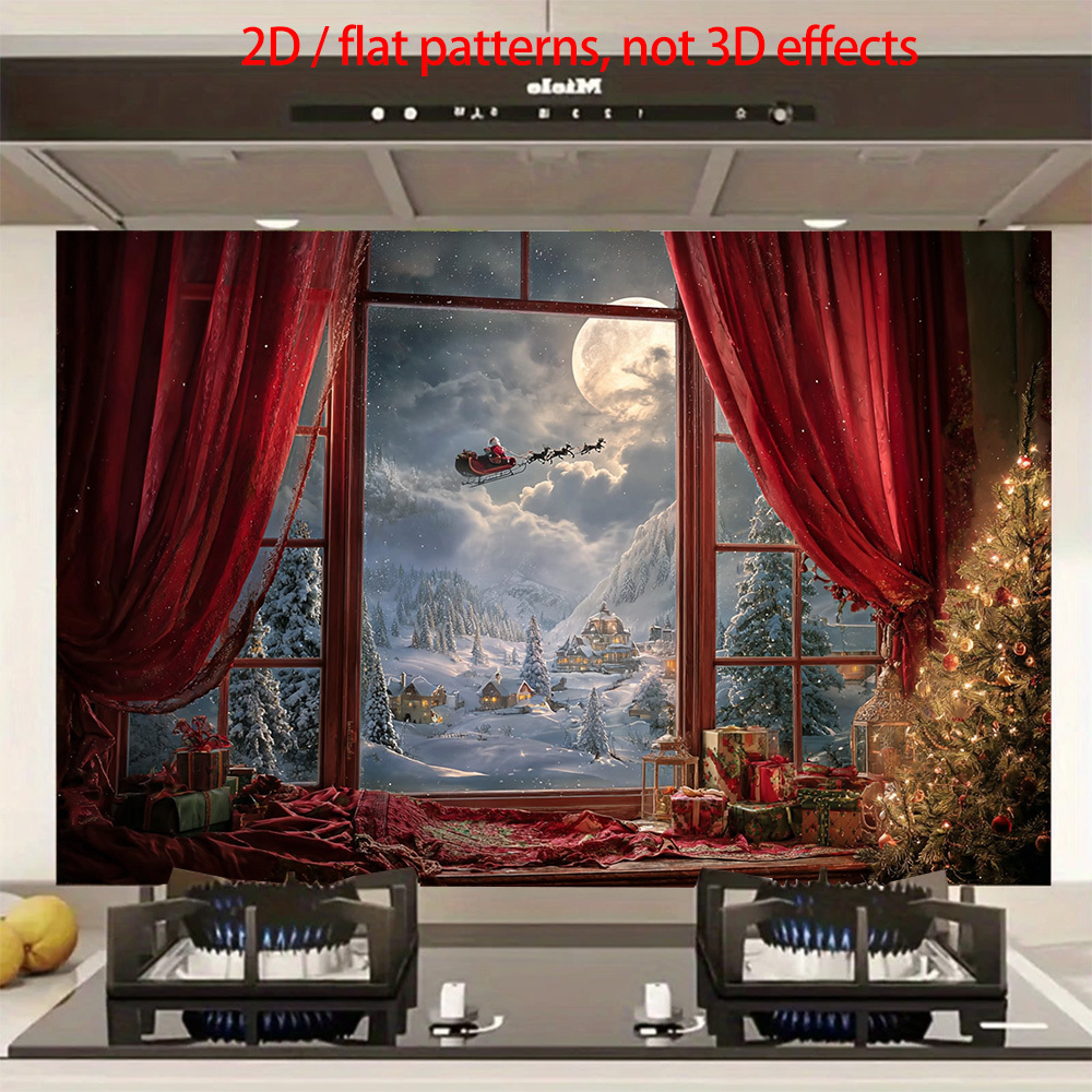 TEMU 1pc Of A Two-dimensional Flat Design Depicting A Christmas Eve Window Scene Featuring Sleigh, The Moon, A Snowy Landscape, Presents, And A