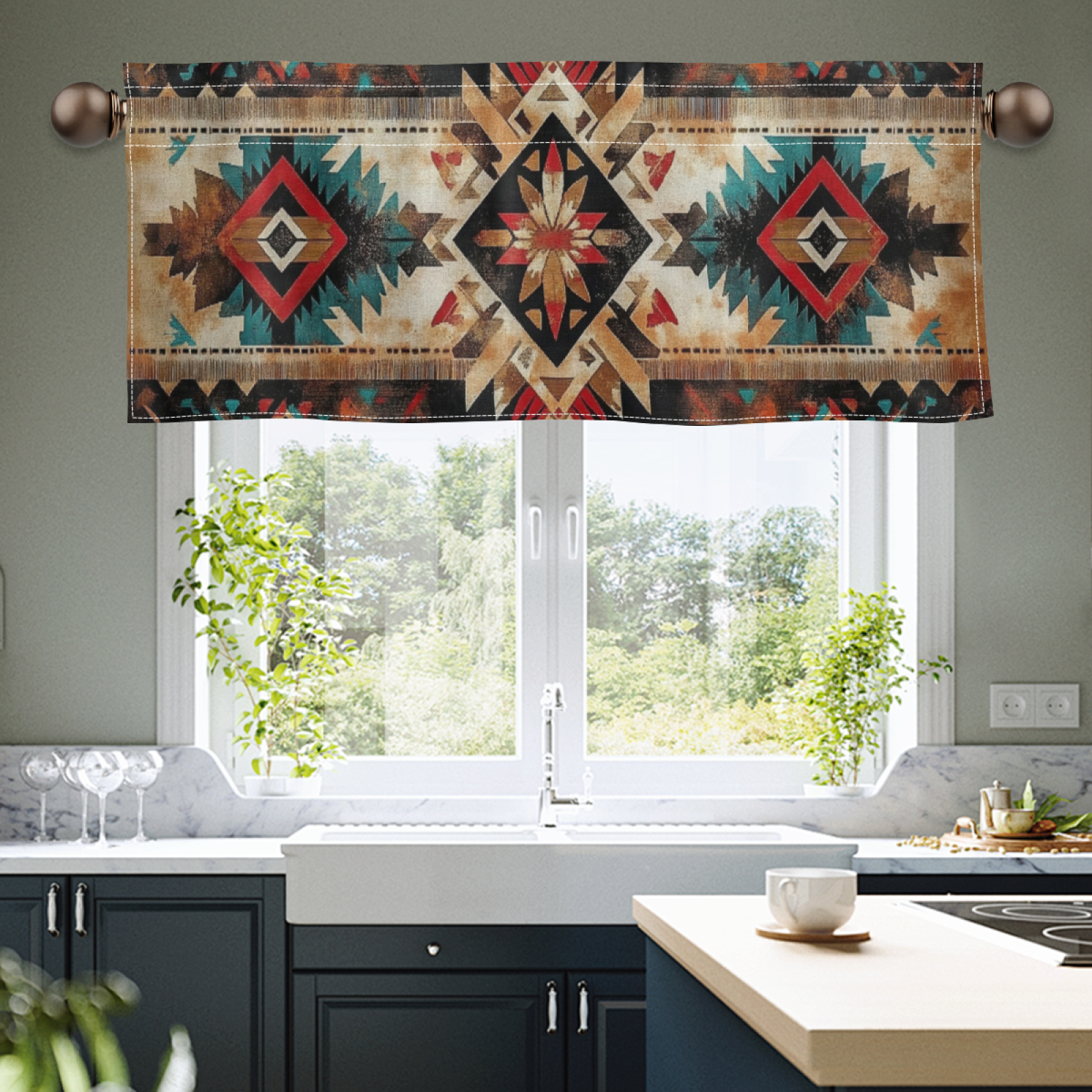 

Vintage Abstract Geometric Pattern Window Valance Curtain, Semi-transparent Polyester, Washable - Ideal For Living Room, Bathroom, Cafe, Restaurant Decor, Holiday Party, Curtains