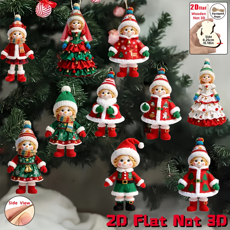 TEMU 2D Plat - Ensemble de 10 pièces de mignonnes filles de Noël en dessin animé, diverses tenues de Noël, ornements en bois - 2D Plat, pas 3D | ,
