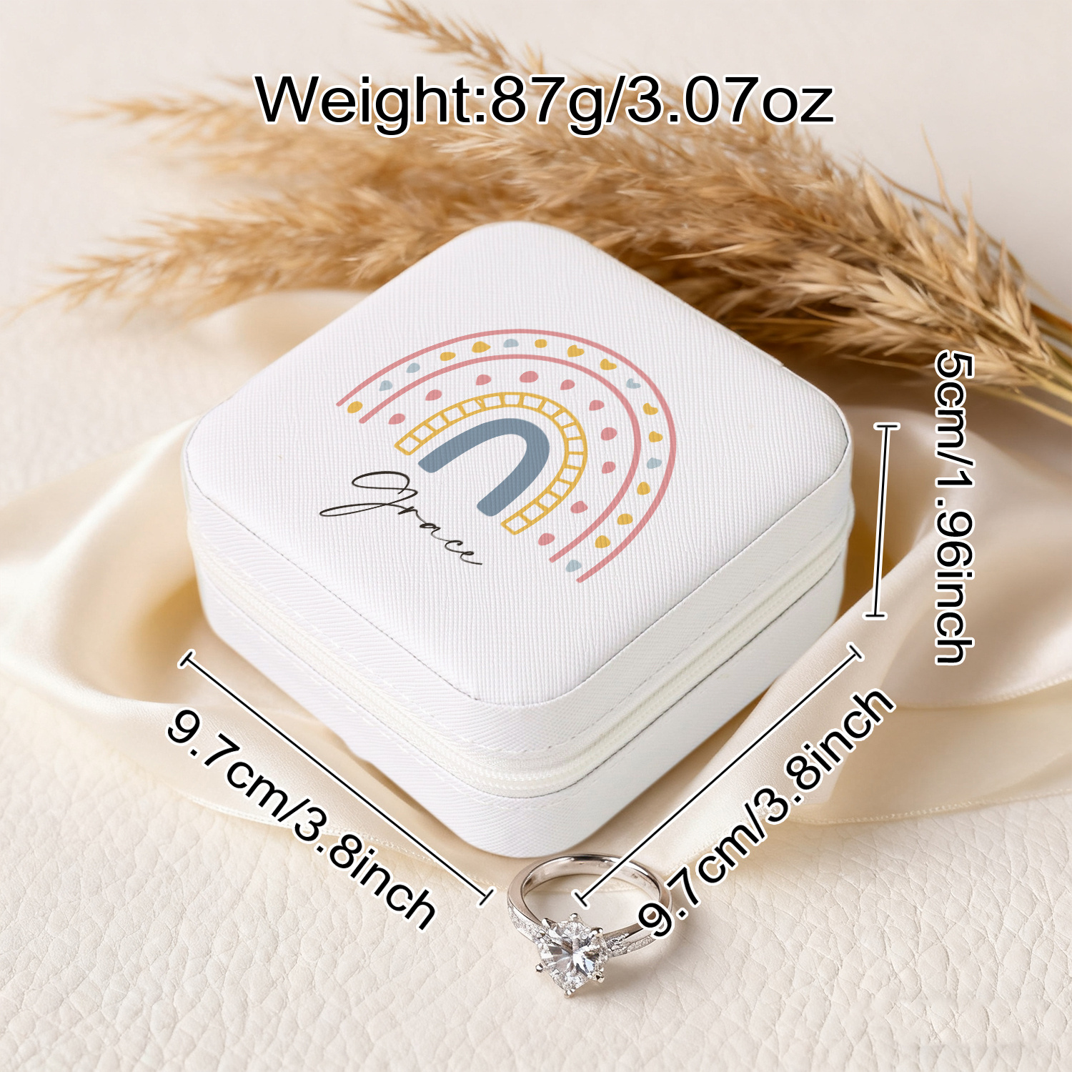 Personalized Name White Jewelry Organizer Box with Rainbow Design