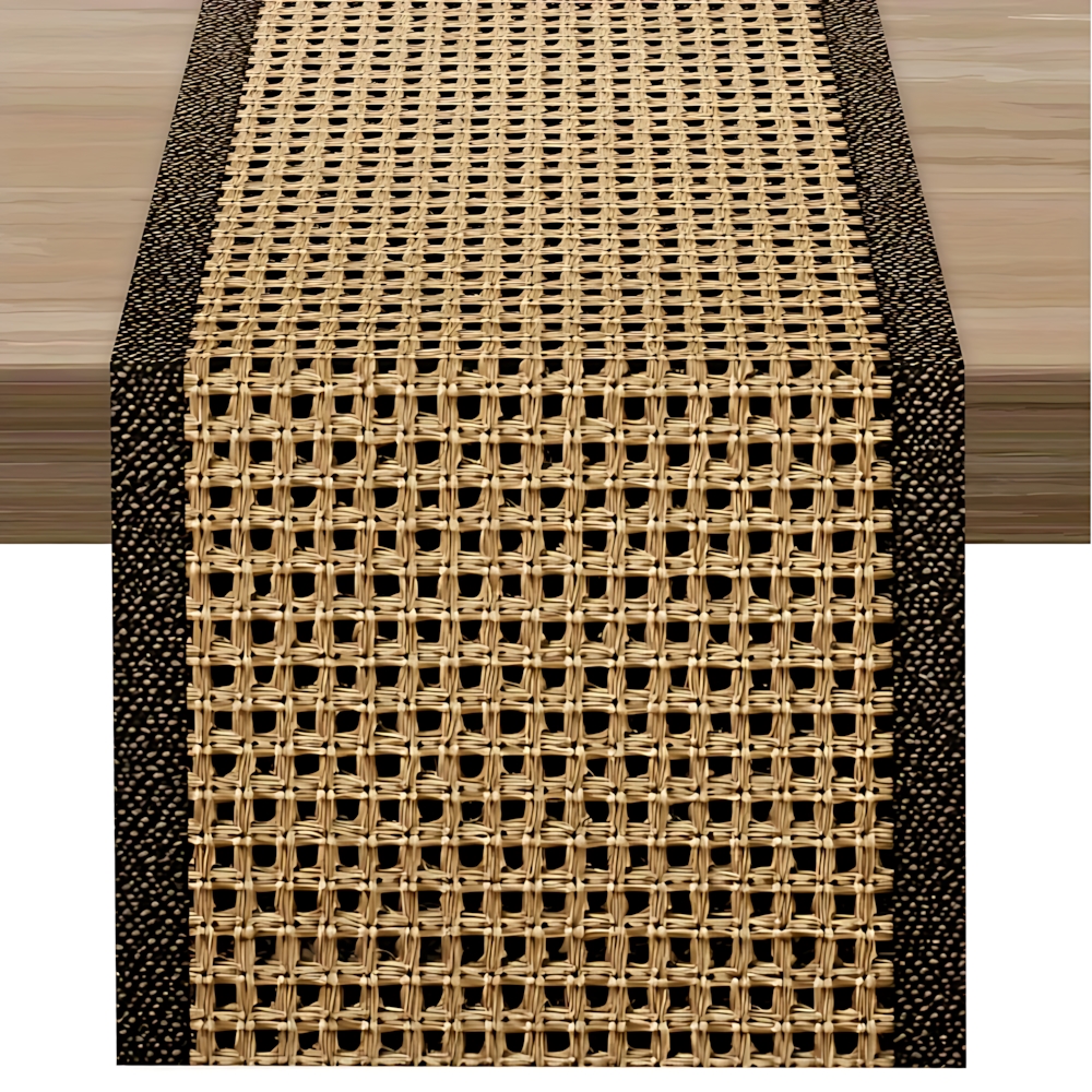 TEMU 1pc Rattan Table Runner With Checkered Print, Retro Rattan Style, Long Clear Printed Structure, Home Decor, Suitable For Balcony Coffee Tables,