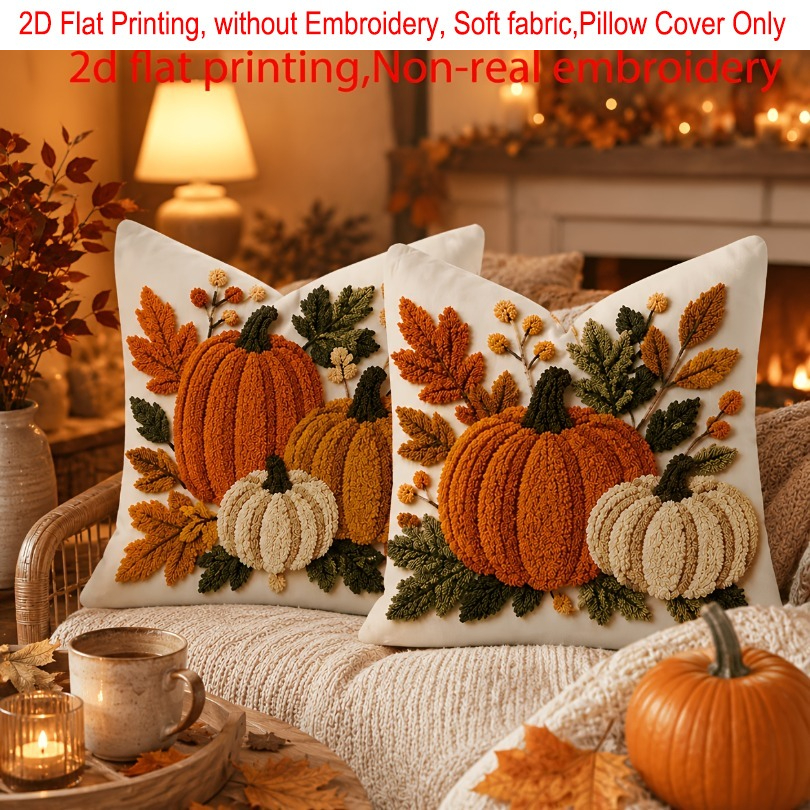 TEMU 2d Flat - 2pcs, 2d Flat Printing, Autumn Pumpkin Maple Leaf Pillow Cover, Style Cushion Cover, Single-sided Printing, Without Embroidery, Pillow