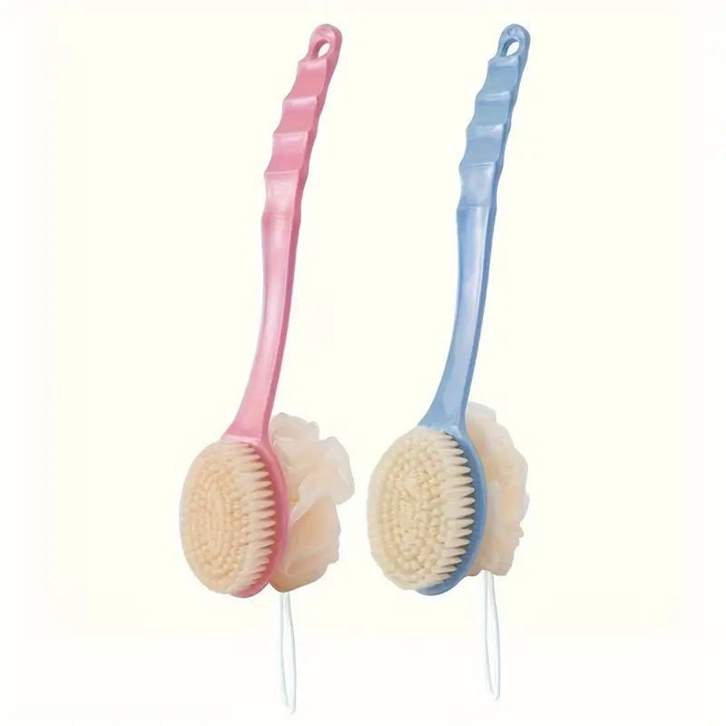 1pc long handle soft bristle bath brush 2 in 1 gentle exfoliating body scrubber massager unscented durable material japanese aesthetic design in pink with yellow bristles for deep massage Product details 2