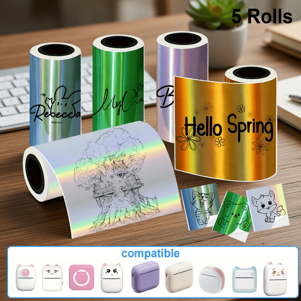 TEMU 5/10 Rotoli di Adesivi Termici Olografici, 57mm*25mm Adesivi Laser, Stile Laser Argentato, Adatti per Stampanti Laser e Mini Stampanti a d'